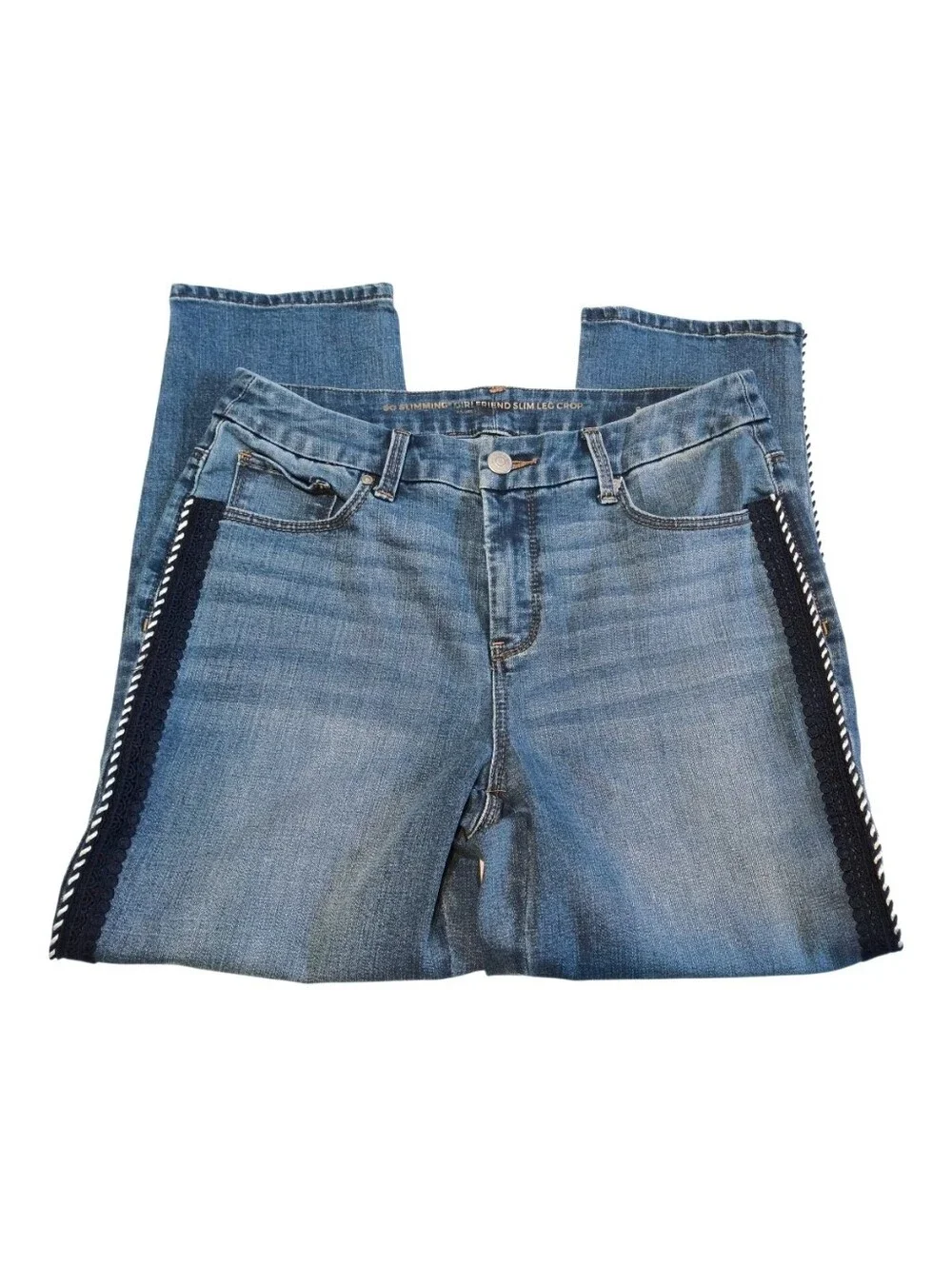 Chico's So Slimming Girlfriend Slim Leg Crop Jeans with Tuxedo Stripe Size 4